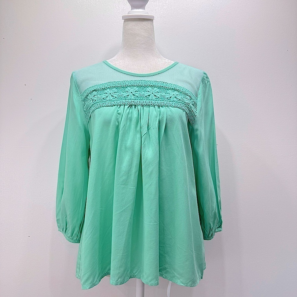Mint Green Lightweight Cotton Blend Blouse with Lace & Mesh by Ya Los Angeles